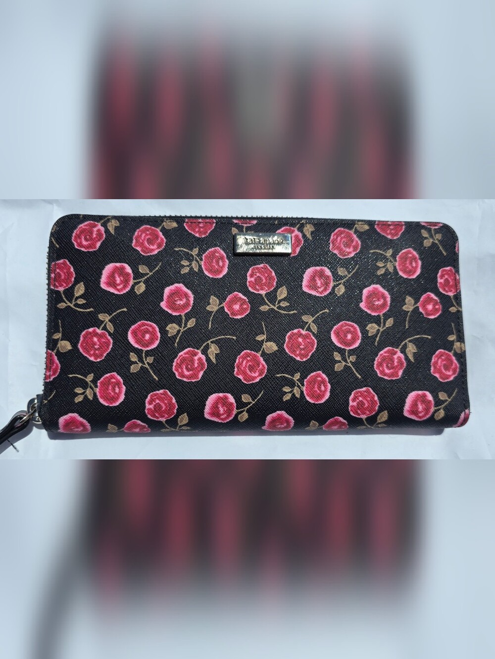 kate spade Black Floral Zip Wallet with Pink Roses